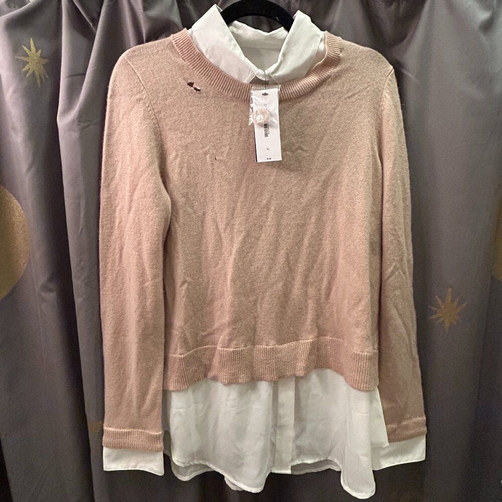 Cashmere by Bloomingdales Sweater w. Faux Inner-Shirt Layer Beige NWT but FLAWED